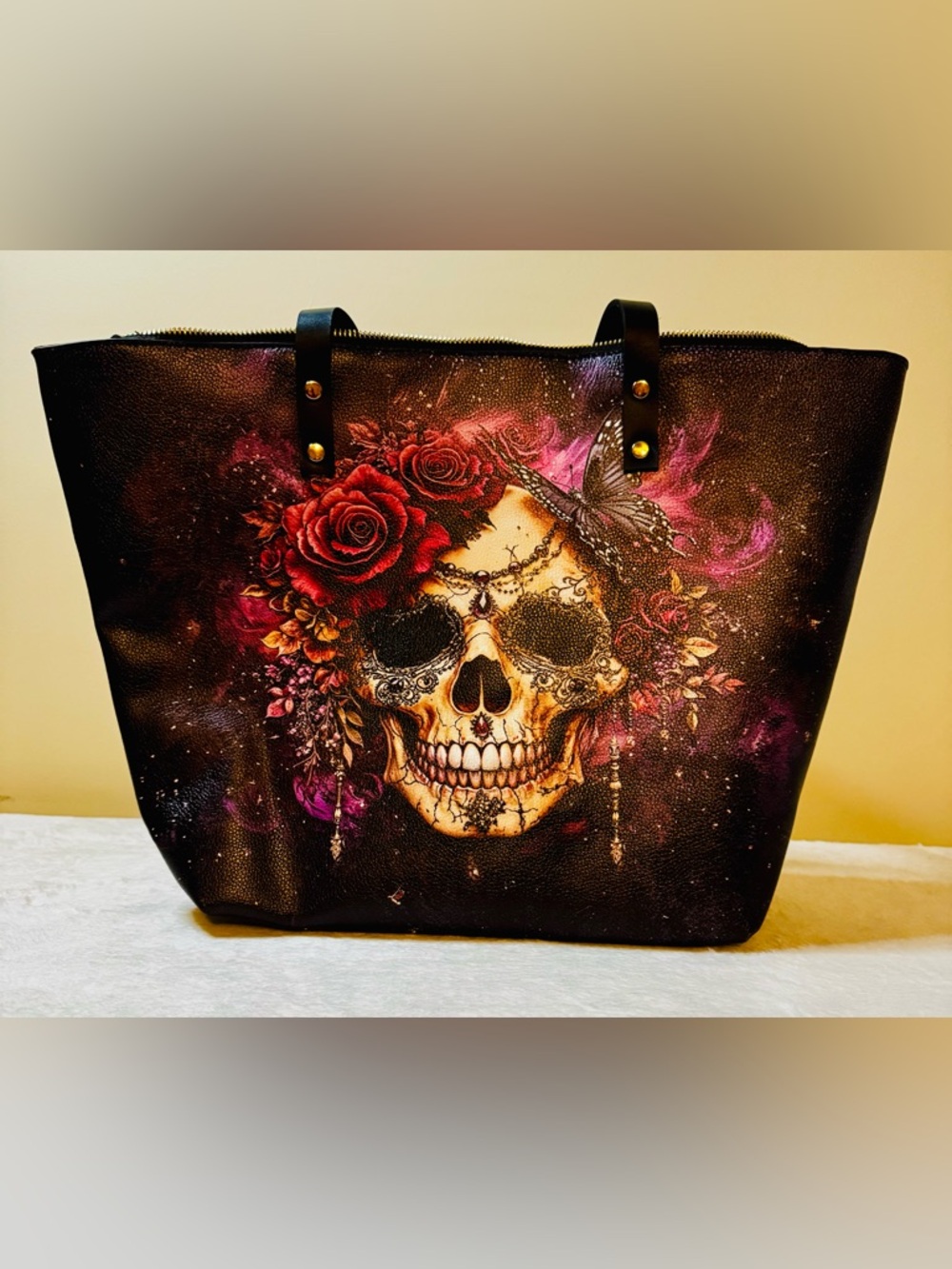 Skull & Roses Graphic 18x12 Tote Bag in Black with Red, purple, and pink accents